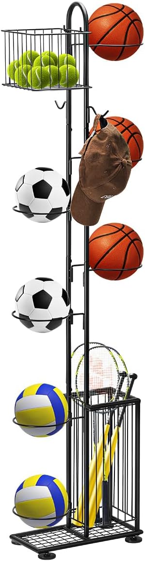 Tuenort Basketball Ball Storage Rack, 7 Tier Freestanding Basketball Holder, Garage Ball Storage Sport Organizer Rack with Basket for Volleyball Football Basketball, Indoor, Outdoor