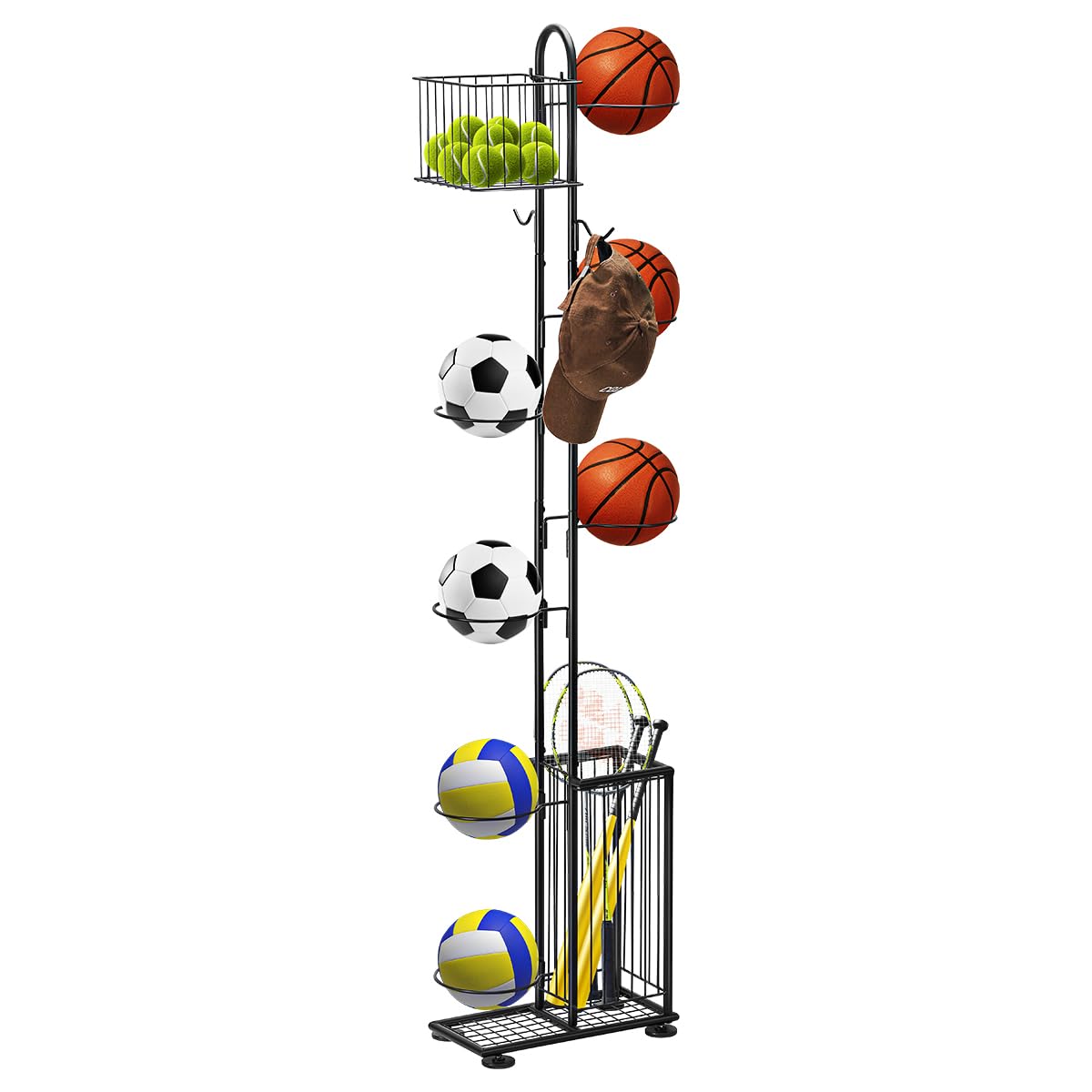 Sunexinlo Basketballball-Aufbewahrungsregal mit 7 Ebenen, freistehend, für Garage, Ball, Aufbewahrung, Sport, Organizer mit Korb für Volleyball, Fußball, Basketball, drinnen und draußen