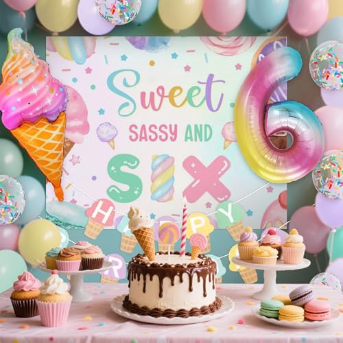 Image of Sweet Sassy and Six Birthday Decorations for 6 Year Old Girl Birthday Party Decor Ice Cream Donut Backdrop Balloons Macaron Baby Shower Party Supplies