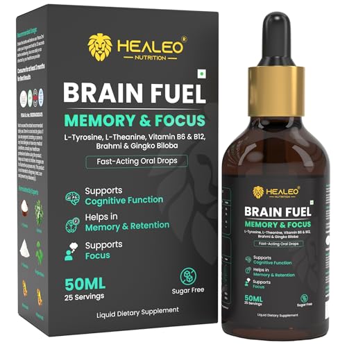 Image of Healeo Brain Fuel Drops for Memory & Focus with Ginkgo Biloba, Brahmi, L-theanine | Nootropic Brain Booster Supplement - 50ml