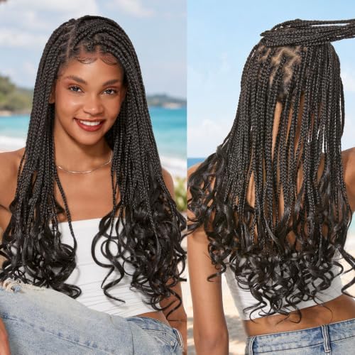 Frodio Braided Wig Veralux Fiber Full Lace 24 Inch Braided Wigs With Curly Ends For Black Women Synthetic Full Lace French Knotless Curl Natural Black Box Braid Wig Natural Scalp
