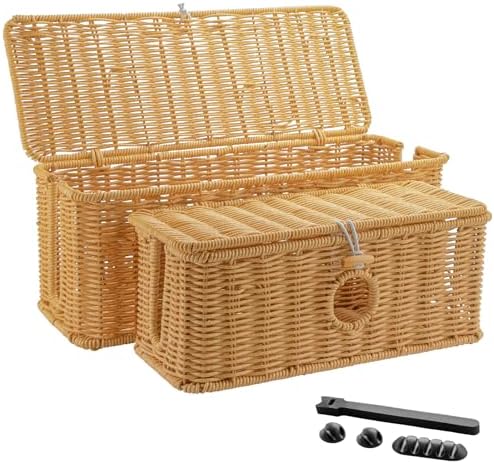 IHKFILAN 2 Pcs Handmade Cable Management Boxes Rattan Cable Organizer Large & Medium Cord Hider Organizer Box Power Strip Boxes Locked Cover with 2 Open Slots for Home and Workplace