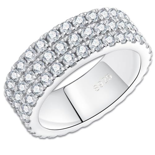 Moissanite Wedding Band 3 Rows Eternity Rings D Color VVS1 925 Sterling Silver Anniversary Band Ring for Women Men