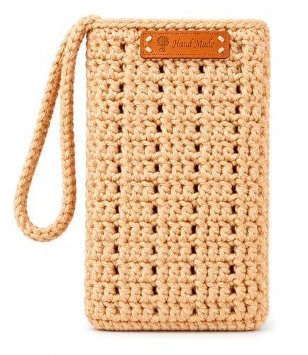 Image of Handmade Crochet Mobile Pouch for Women & Girls | Knitted Phone Holder with Wrist Strap | Cute Floral Aesthetic Mobile Cover Case | Soft Yarn Handmade Gift (Beige)