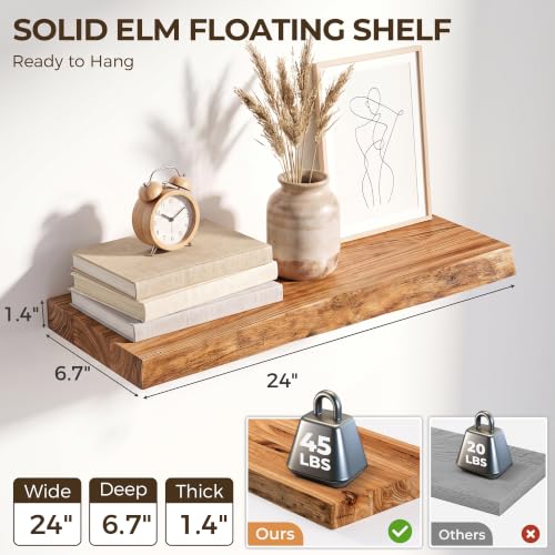Image of Live Edge Elm Floating Shelves - 24 In Rustic Solid Wood Shelves with Heavy-Duty Invisible Bracket, Wall-Mounted Wooden Shelf for Living Room, Bathroom, Kitchen Storage & Display, Set of 2, Natural