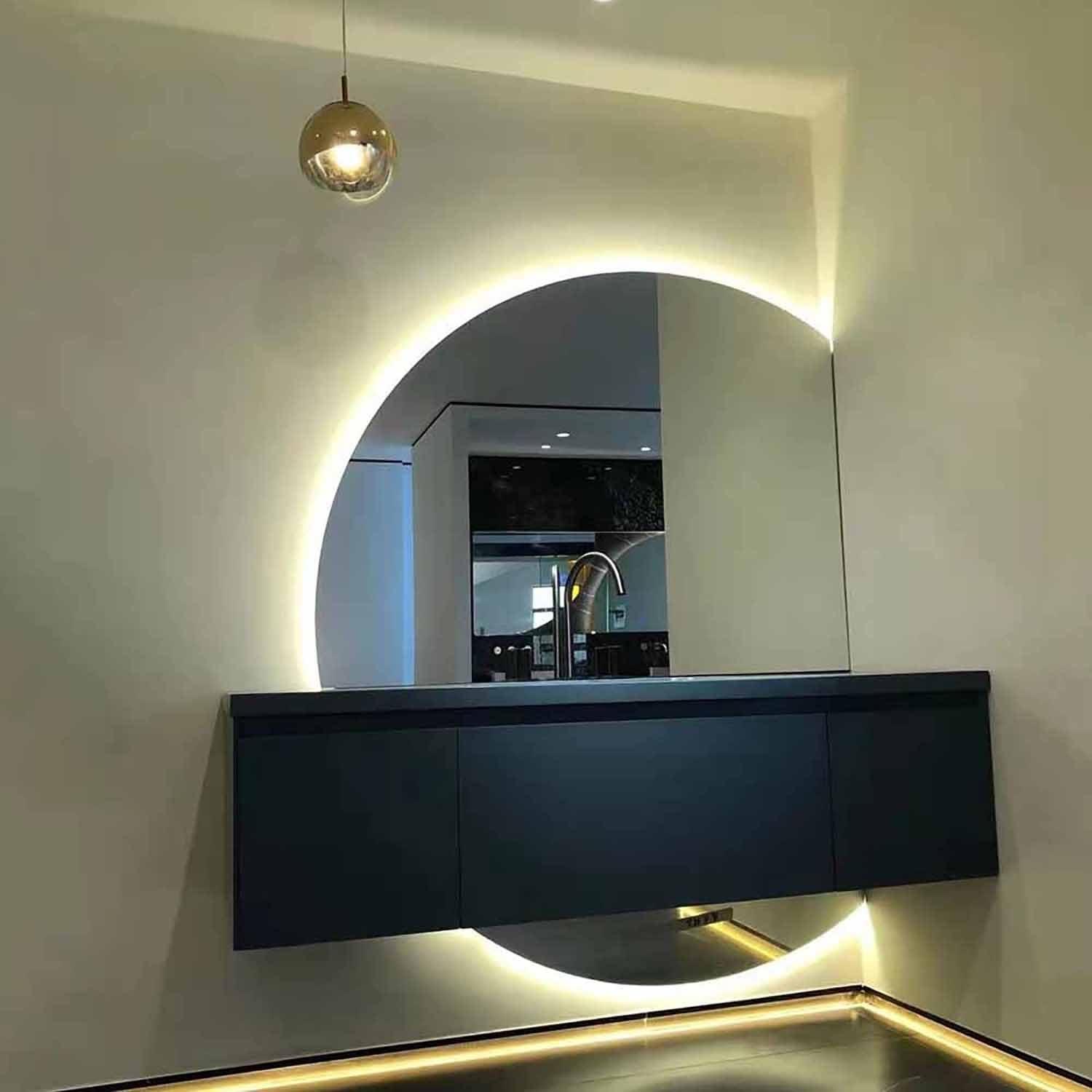 Halbkreis Beleuchteter Spiegel Bad 3 Lichtfarbe LED Badspiegel Halbrunder Wandspiegel Dimmbar Beschlagfrei Hinterleuchteten mit Touchschalter(Left Semicircle,100cm)