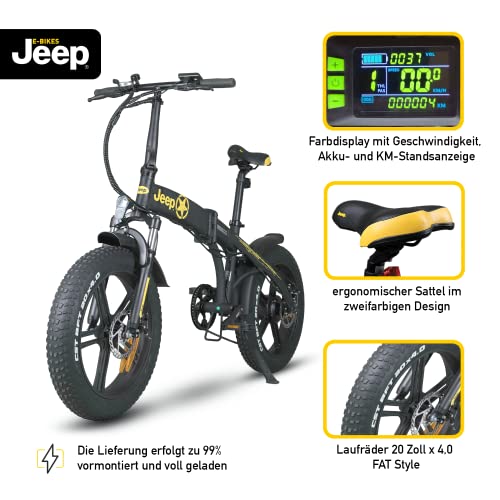 Jeep-Fold-Fat-E-Bike-FR-7020-Faltbares-E-Fatbike-20-Zoll-mit-7-Gang-Shimano-Kettenschaltung-Federgabel-250W-Heckmotor-Leistungsstarker-36V-Akku-bis-110-km-Reichweite-StVZO-Zulassung-Schwarz