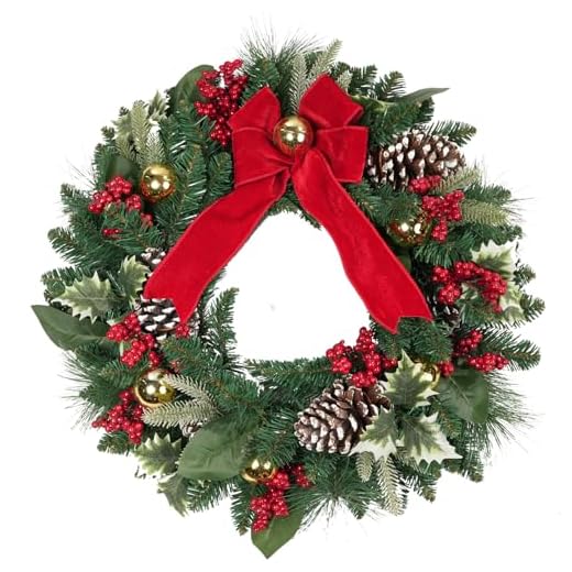 24" Christmas Wreath with Red Bow and Pinecones, Artificial Holiday Front Door Decoration with Berries and Ornaments, PVC Greenery Winter Garland for Indoor Outdoor Use