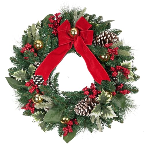 Aovotreena 24' Christmas Tree with Red Bow and Pinecones, Artificial Holiday Front Door Decoration with Berries and Ornaments, PVC Greenery Winter Garland for Indoor Outdoor Use