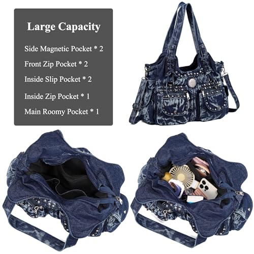 Image of Designer Denim Handbags for Women Hobo Tote Bag Crossbody Denim Purses Blue Jean Shoulder Bag