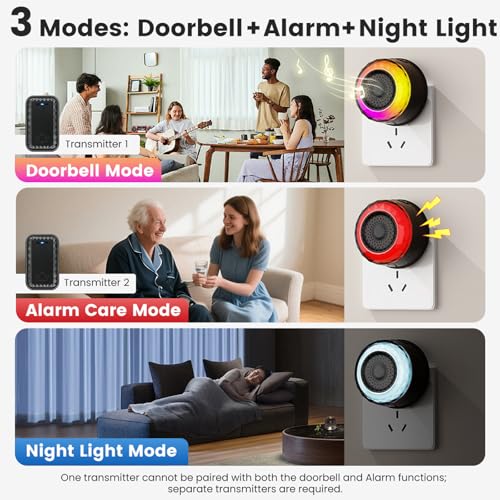 Image of Wireless Doorbell with Safety Alarm & Night Light for Home and Office, Upto 350M Range with 62 Chimes, Diamond Shape, 6 RGB LED modes, 4 Level Volume, Calling Bell (Transmitter & Receiver)