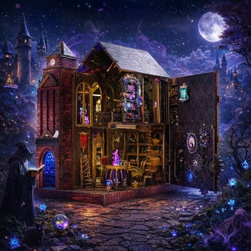 Image of Book Nook Kit, DIY Miniature House Dollhouse Crafts Kit for Adults and Teens, Magic Castle 3D Wooden Puzzle Booknook Build Bookshelf Decor, Gifts for Family and Friends（Arcane Sprire）
