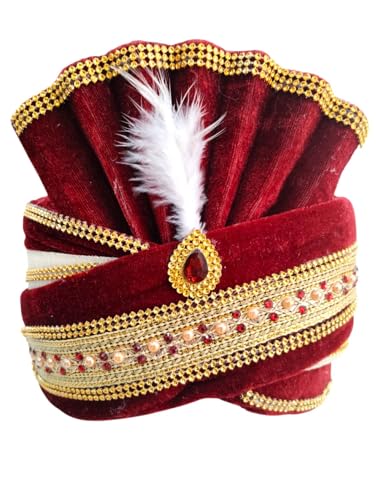 Image of BookMyCostume Dulha & Royal Wedding Turban Collection - Premium Silk, Velvet, Zari Work Safa with Kalgi & Brooch - Traditional Indian Dulha Pagdi /Sehra Perfect for Weddings & Role Plays for Men & Kids