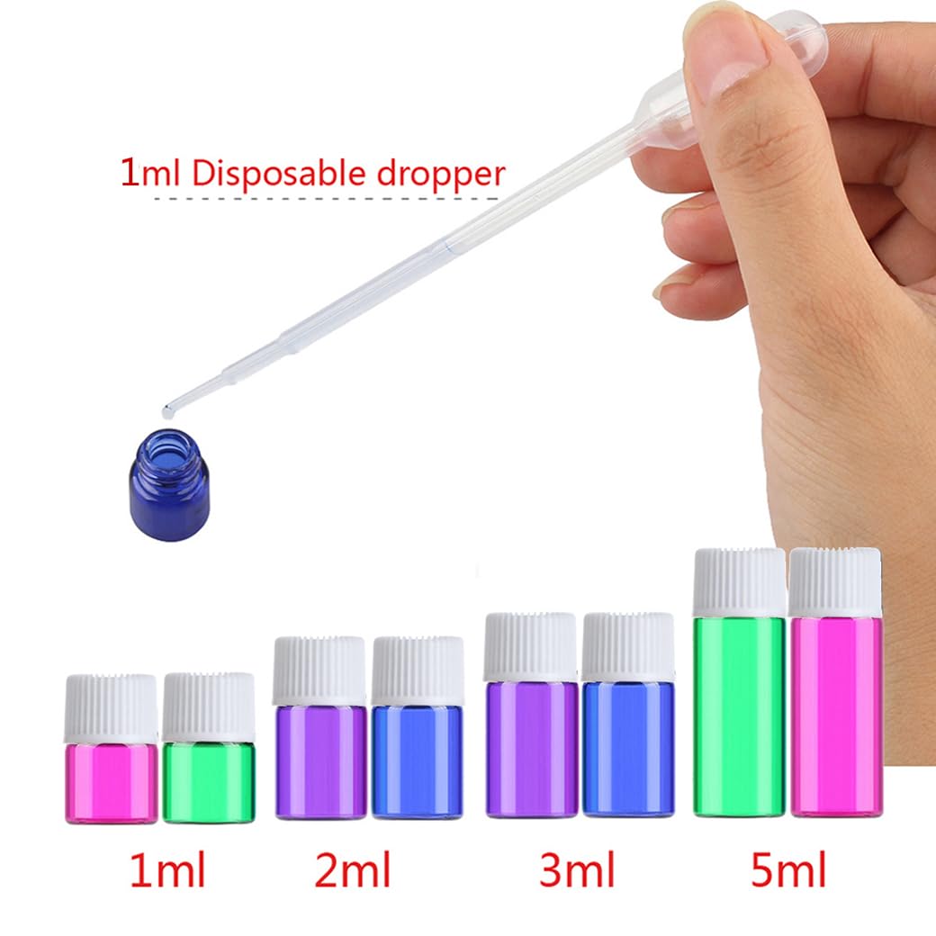 200 Piezas Rosa fuerte 2ml Botellas Vacías de Aceite Esencial de Vidrio con Tapón Gotero Negro Frascos de Vidrio de Muestra con Reductor de orificio para Cosmético, Aromaterapia, Viajes