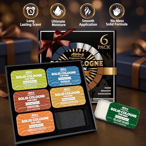 Image of 6 Pack Solid Cologne Gifts for Men, Mens Cologne Gift with Cedar Wood, Bergamot, Sandalwood, Clary Sage, Vetiver, Ocean Perfume, Birthday Gifts for Him Dad Husband Boyfriend, Travel Gift