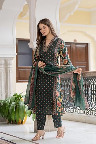 Image of MEERA FAB Women's Cotton Blend Straight Printed Kurta with Palazzo & Dupatta