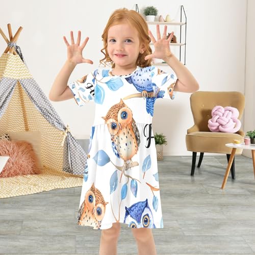 Bolaz Watercolor Funny Owls Girls Dress Short Sleeve Dress Casual Dresses 2-8Y4
