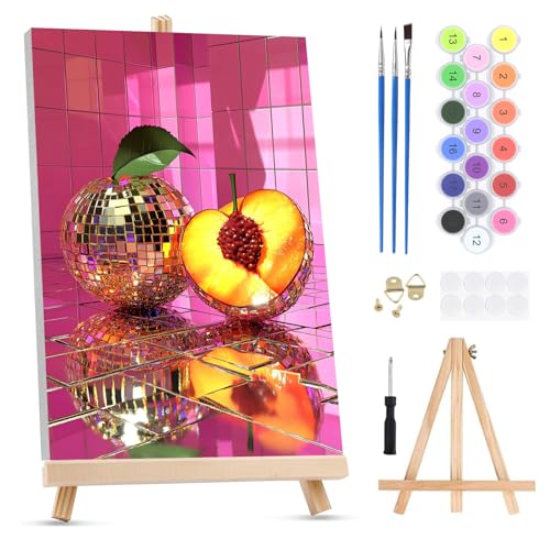 QENSPE Peinture par Numéros pour Adultes sur Toile Encadrée - avec Chevalet, Boule Disco Paint by Numbers Kit, Prune Peinture à l'huile Acrylique pour...