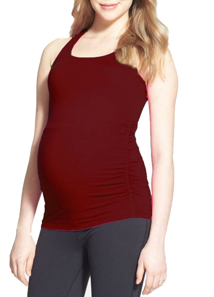 CLOYA Long Maternity Fitted Tank Top with Side Ruching Scoop Neck Womens Basic Solid Pregnancy Clothes, Burgundy, L