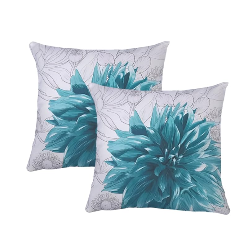 QUALKNOY Set of 2 Cushion Covers 18"x18" Teal Flowers Double-sided Pattern Modern Decorative Throw Pillow cases 45 x 45cm for Living Room Sofa Outdoor Garden Floral Pillowcases