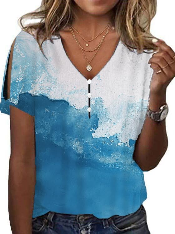 domirica Boho Blouses for Women 2024 Gradient Marble Print Short Sleeve V Neck Cold Shoulder Tops Casual Loose Tunic Tops