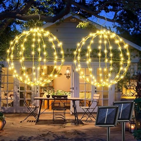 Joomer 2 Pack Christmas Solar Ball Lights, 12IN 120 LED Foldable Metal Sphere Lights Waterproof 8 Modes with Hook, Solar Powered Hanging Tree Globe Lights for Outdoor Christmas Decoration (Warm White) Cover