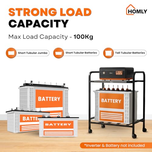 Image of Homly Uni Base Inverter Battery UPS Trolley Stand | Inventer Cabinent Box with 360 Rotating Lockable Wheels, Rust Resistant Inverter Stand | Supports 1 Inverter & 1 Battery Upto 100 kg - Black & Grey