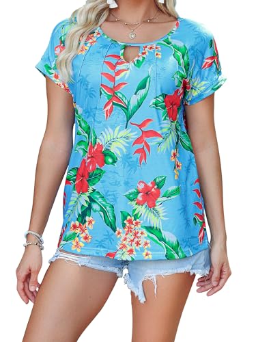 Ezcosplay Women Cap Short Sleeve Hawaiian Shirt Keyhole V Neck Pleated Tops Luau Party Tropical Floral Print Tshirt Tees4