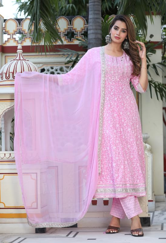 Image of NASRO Women's Viscose Rayon Printed Embroidered Round Neck 3 /4th Sleeves Anarkali Kurta & Pant Suit Set /Salwar Suit Set (Purple)