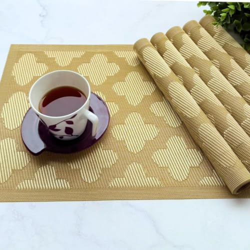 Image of Livmodern Premium Dining Table Mats for 6 Seater | Woven PVC Placemats | Anti Skid & Moderate Heat Resistant | Washable & Wipeable Set of 6 - Golden Clover