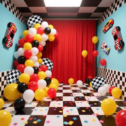 Image of Race Car Balloon Bundle 20 Pcs Checkered Balloons Yellow Red Black | Latex Balloon One Happy 1st 2nd Vintage Two Fast Theme Fast One Race Car Birthday Party Decor Supplies Kit