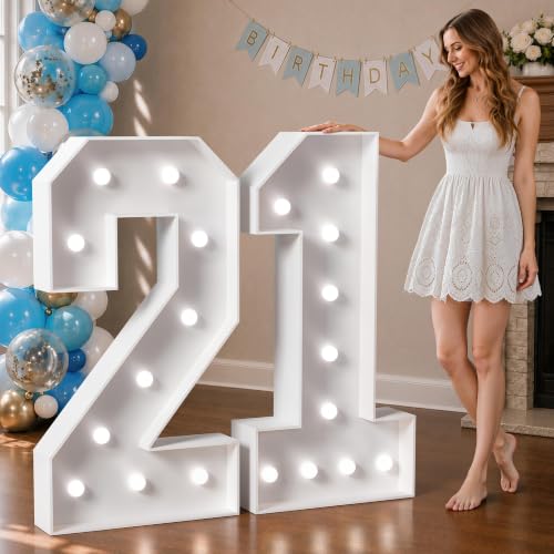 Image of Marquee Numbers 4 Feet Tall Big Light Up Numbers 21st Birthday Decorations Women Men White Anniversary Party Decor Large Cardboard Prop Backdrop Sign 21