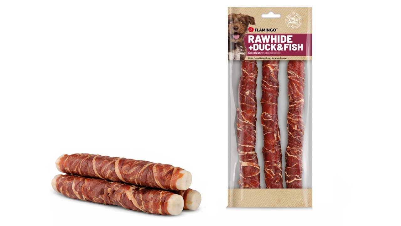 snack per cani - bastoncini per cani - R'Hide con anatra e merluzzo - 25 cm - 3 pezzi - 240 g - senza glutine - senza cereali - senza zuccheri aggiunti