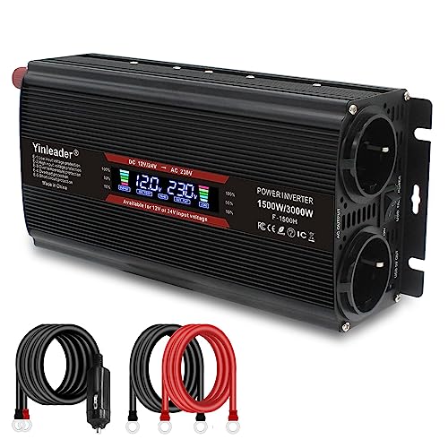 Yinleader 1500W /3000W 12V/24V auf 230V Wechselrichter Big LCD 2 EU Steckdosen 1 USB Spannungswandler mit Zigarettenanzünder