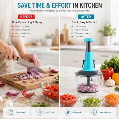 Image of Manual Push Food Chopper 600ml Vegetable Cutter with Stainless Steel Blades, BPA-Free Bowl, Hand Press Onion Chopper, Garlic Mincer, Fruit & Vegetable Dicer, Kitchen Food Processor