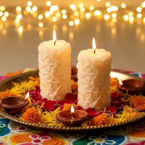 Image of Rose Pillar Candle, White Colour with Vanilla Fragrance, Smokeless Designer Decorative Candle Set for Home Decor, Diwali & Festive Gifting (5.5 x 10.5 cm, 12hrs)