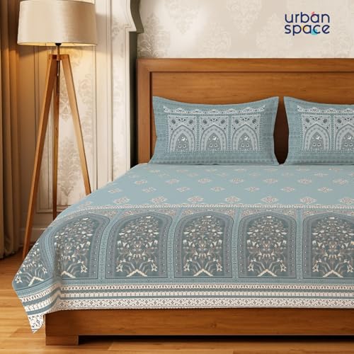 Image of Urban Space Regal 300 TC 100% Cotton Bedsheet for Double Bed, Panel Design Bedsheet, Printed Queen Size Bed Sheet with 2 Pillow Covers (90 x 108 Inches, Jharokha Dusty Blue)