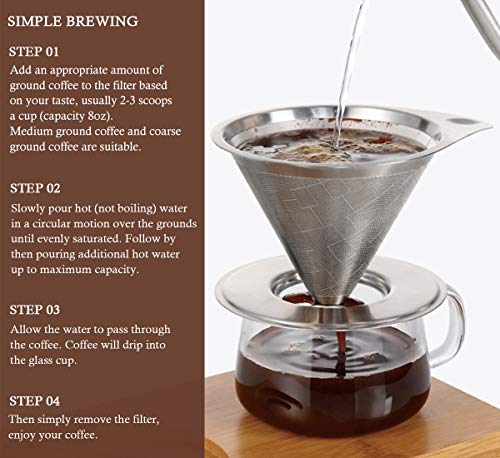 Pour Over Coffee Dripper Set Include Stainless Steel Paperless Reusable Filters, 8 Ounce Glass Cup, Spoon and Bamboo Base, Portable Single Cup Coffee Maker for Home Office - Gift-ready Package