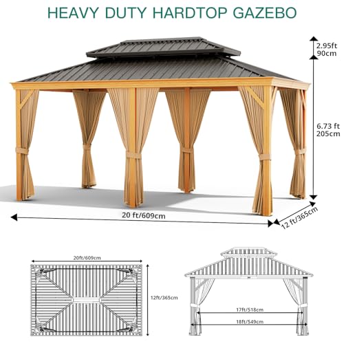 12x20ft Double Roof Hardtop Gazebo, Heavy Duty Galvanised Steel Hardtop Pavilion with Netting and Curtains, Faux Wood Grain Metal Gazebo for Patio, Terrace, Lawn and Deck, Wood Grain