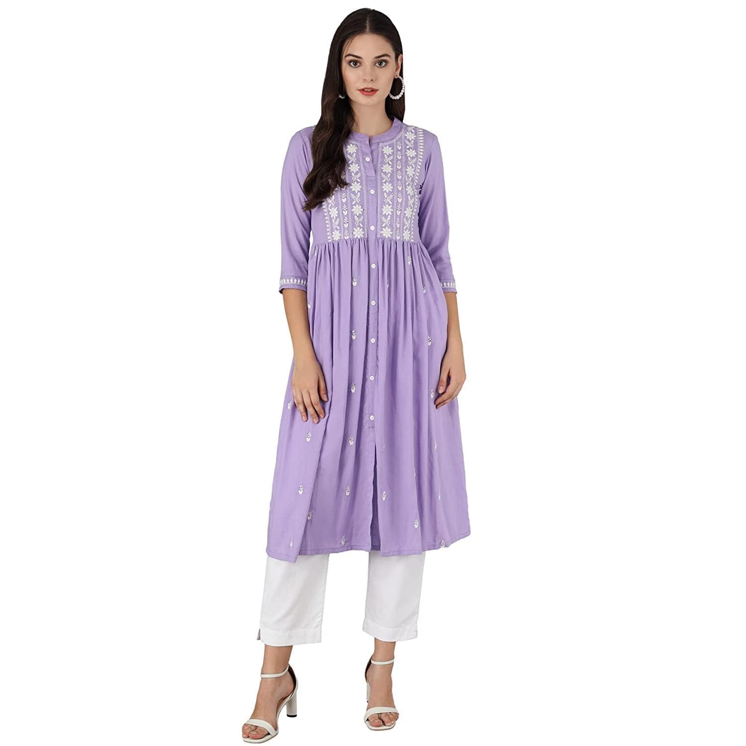 Yeoja Creation Women's Casual Ethnic Long Kurta with Round Neck and 3/4th Sleeves
