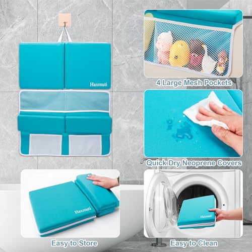 Image of Bath Kneeler and Elbow Rest Pad Set, Thick and Quick Dry Kneeling Pad Support for Knee and Arm, Extra Large Baby Bath Kneeler Pads Bathtub Mat with Toys Organizer for Baby Bath Time, Blue