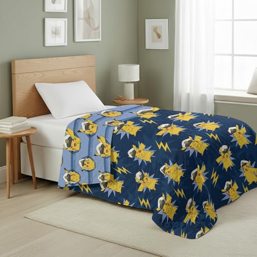 Northwest Pokémon Electric Captain Quilted Throw Blanket, Pikachu Adventure Artwork, Soft and Comfy for Bedding for Bed Couch, 60 x 80 inches