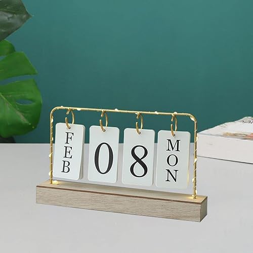 Miniatura 2 de Calendario abatible para mes, fecha y día, base de madera nórdica, marco de metal, delicado reutilizable con luz perpetua para decoración, oficina,