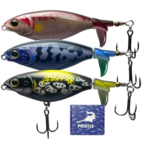 Pristis 3 pcs Top Water Fishing Lures with Single Propeller Tail, Plopper Lure Set, Plopping Sputter Hard Bait Saltwater Freshwater, Topwater Whopper Minnow Swimbait for Bass Perch Pike Muskie Crappie