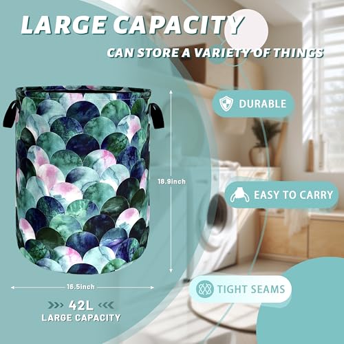 Image of Green Mermaid Scales Laundry Basket Oxford Cloth Hamper 18.9x16.5 Inch
