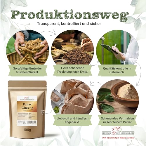 Ginseng Pulver 100g | Panax ginseng fein gemahlen & natürlich | Top Premium Qualität aus Österreich | Veganes Nahrungsergänzungsmittel ohne Zusatzstoffe | Asiatischer Ginseng, Chinesischer Ginseng
