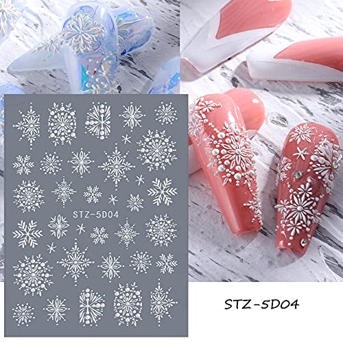 Snowflake Nail Art Sticker Decals 5D Embossed Christmas French White Snowflake Nail Art Supplies Self-Adhesive Nail Art Decoration Accessories Snowflakes Lace Lattice Elk Classic Winter Design, 4 Sheets (Snowflakes A) #TOP4