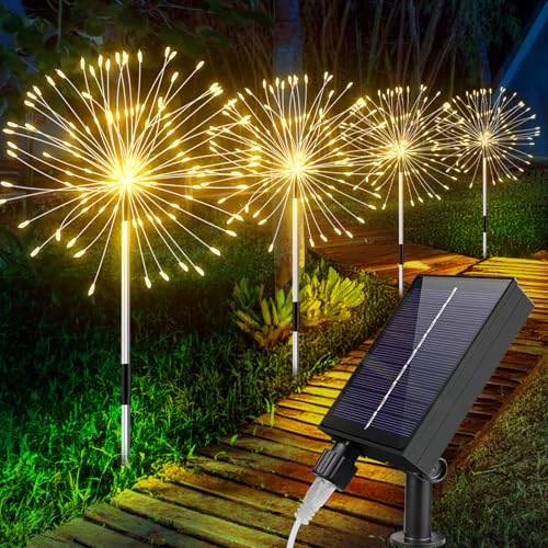 ELEUTH Lámparas solares de jardín 120 LED, 8 modos fuegos artificiales IP65 impermeables, luces exteriores para patio, camino, patio – 4 unidades