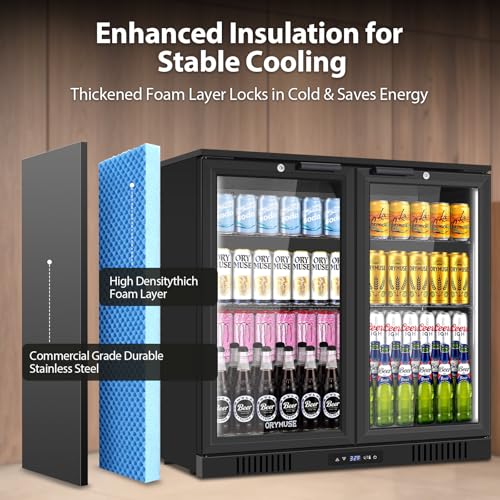 Image of ORYMUSE 36 Inch Commercial Back Bar Cooler with 2 Glass Doors, 7.2 Cu.Ft Under Counter Beverage Refrigerator with Safety Lock and LED Light for Bar, Restaurant and Home, Black