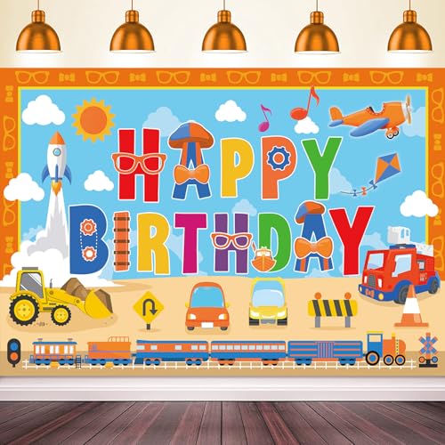 Image of Orange Blue Birthday Party Decorations Backdrop Banner 5x3Ft Vehicle Themed Happy Birthday Decorations Banner Background Photo Booth Props for English Teacher Party Supplies